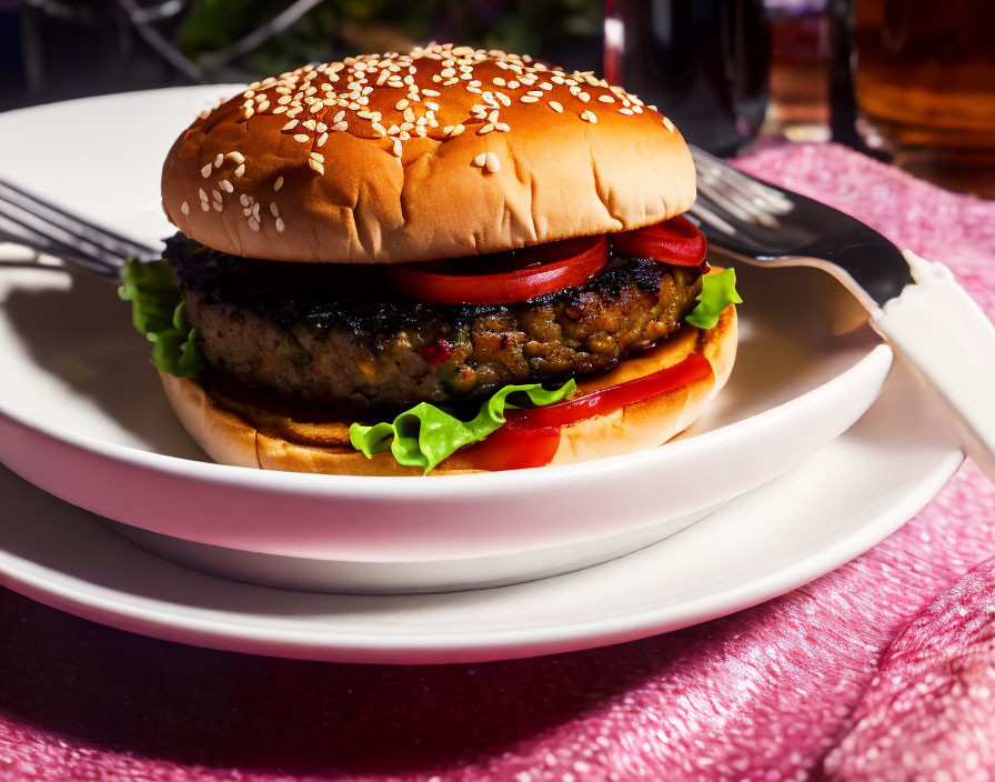 Classic hamburger with lettuce, tomato, sesame seed bun on white plate with fork, pink cloth