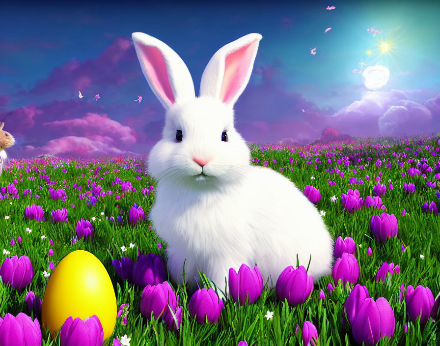 White Rabbit in Purple Tulip Field with Yellow Egg under Blue Sky