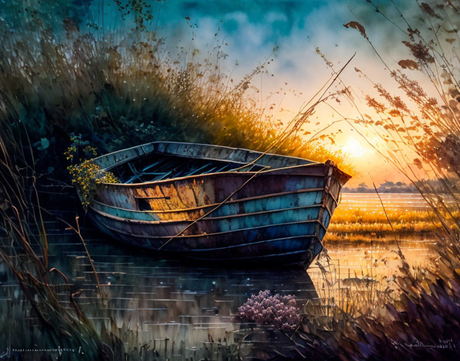 Tranquil sunrise scene with old rowboat, tall grasses, and wildflowers