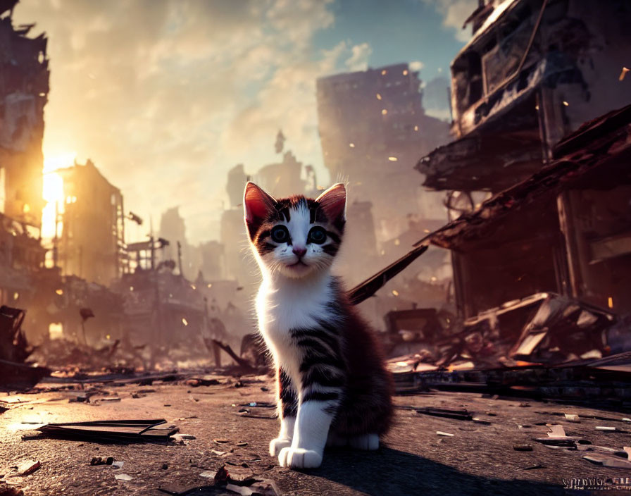 Black and white fur kitten in urban decay scene under fiery sky