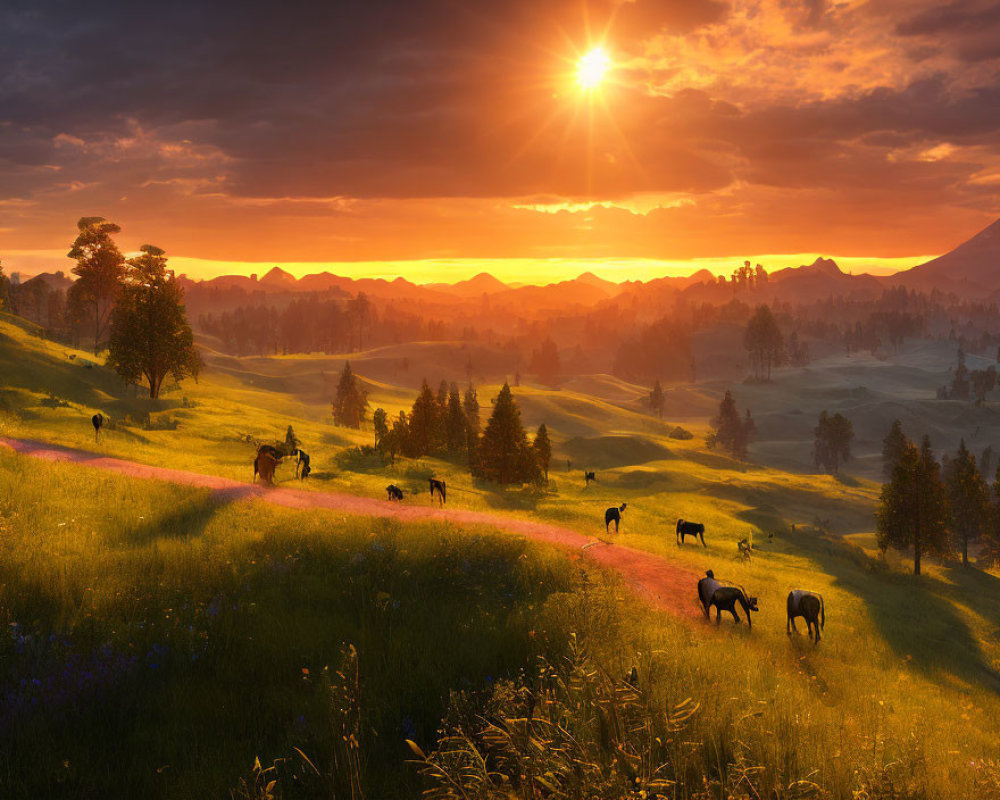 Horses grazing on lush hillside at sunset with warm light and distant mountains