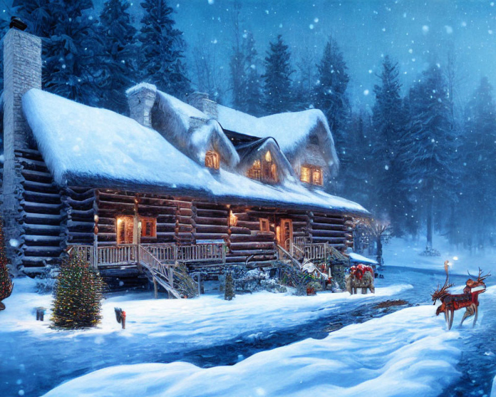 Snowy Christmas cabin with lights, trees, reindeer, and streetlamp