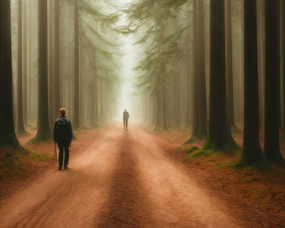 Foggy forest path with two figures among misty trees