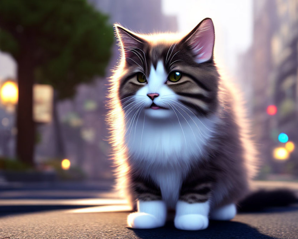 Fluffy tabby cat with distinct markings on city street with glowing lights.