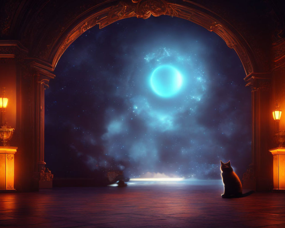 Cat by Ornate Doorway Under Moonlit Sky in Dark Room