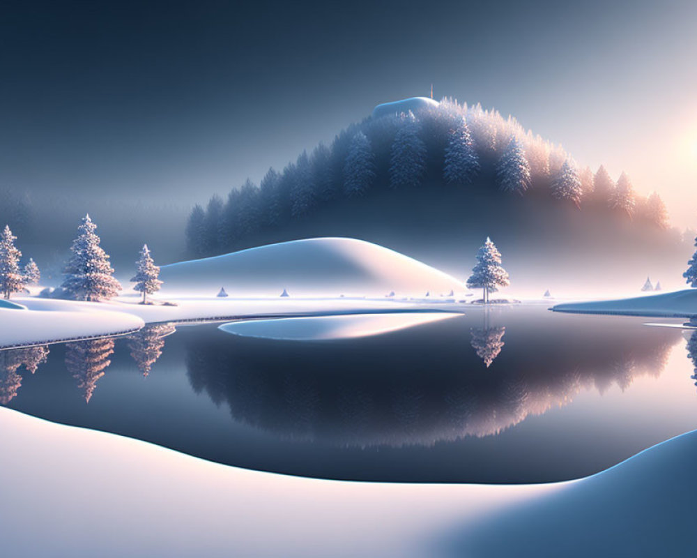 Snow-covered hills and reflective lake in serene winter landscape