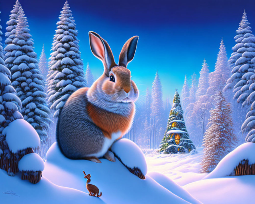 Stylized rabbit in snow-covered landscape with pine trees at twilight