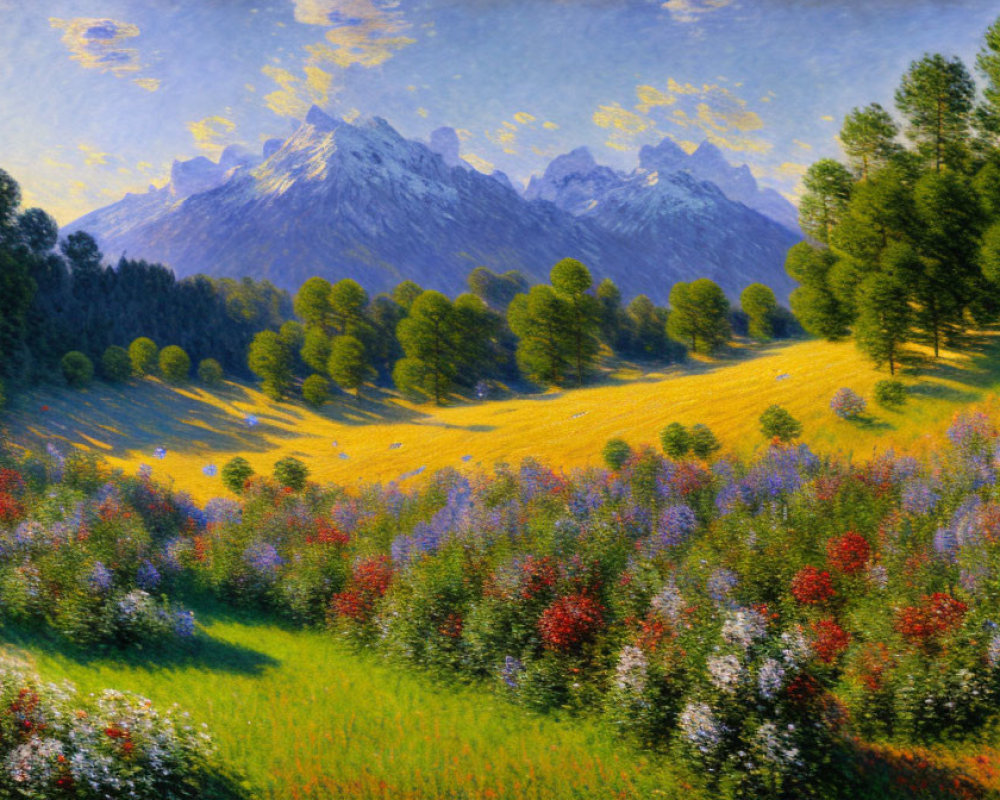 Colorful Wildflower Meadow Painting with Snow-Capped Mountains