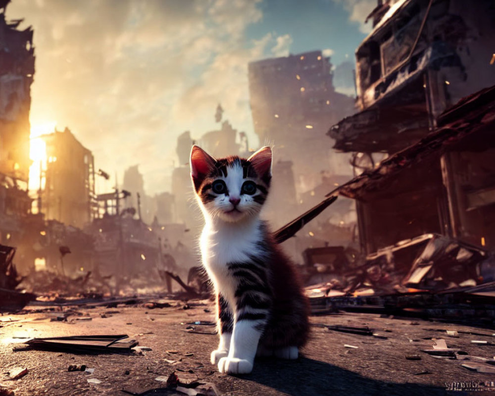 Black and white fur kitten in urban decay scene under fiery sky