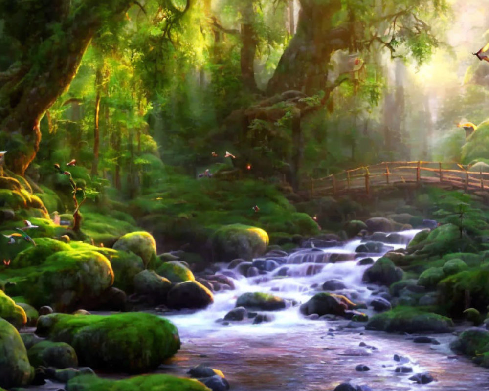 Tranquil forest landscape with sunlight, stream, moss-covered rocks, and birds