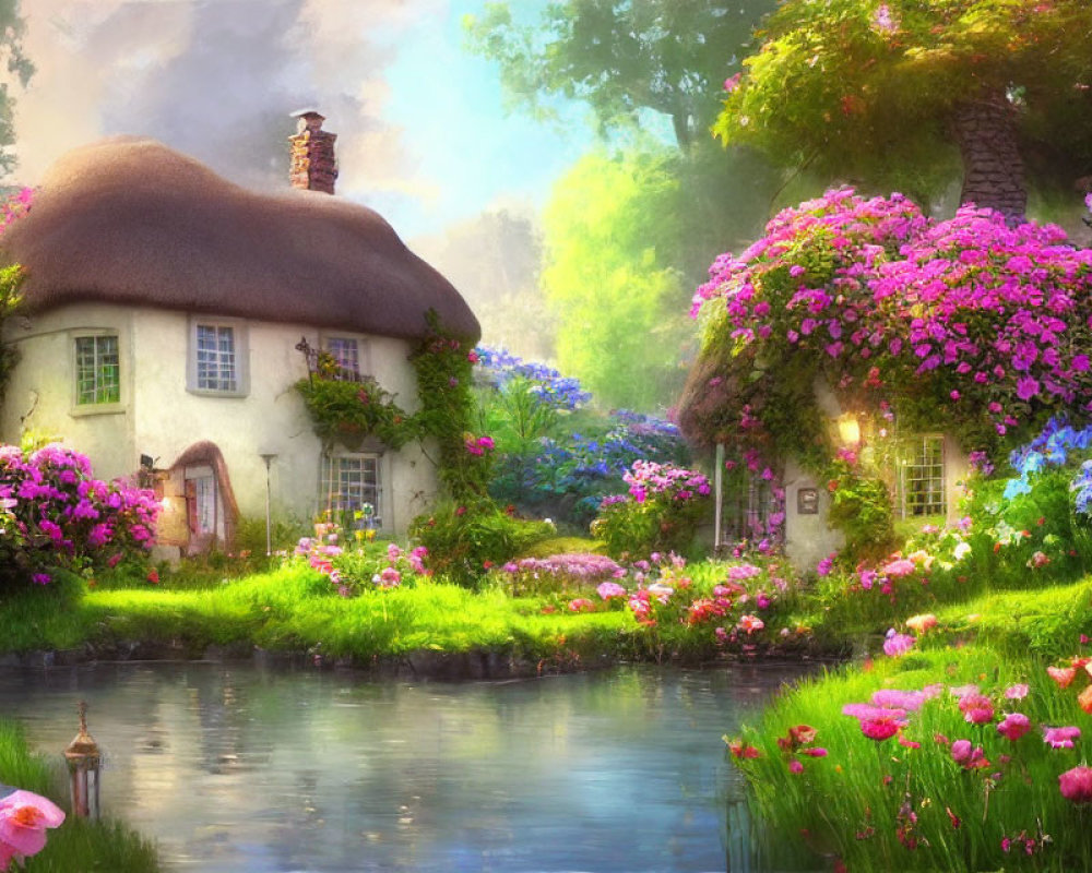 Thatched cottage with lush gardens, flowers, and gentle stream