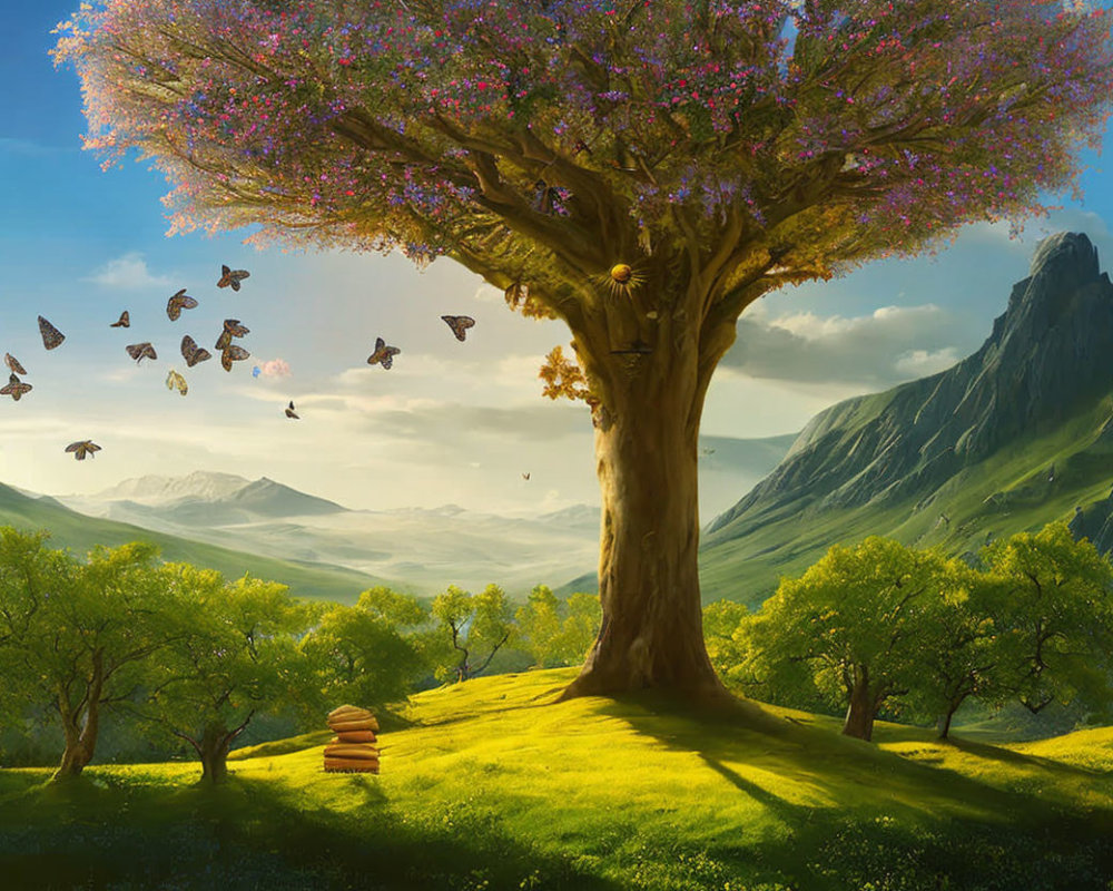 Majestic blooming tree in vibrant landscape with butterflies and mountain backdrop