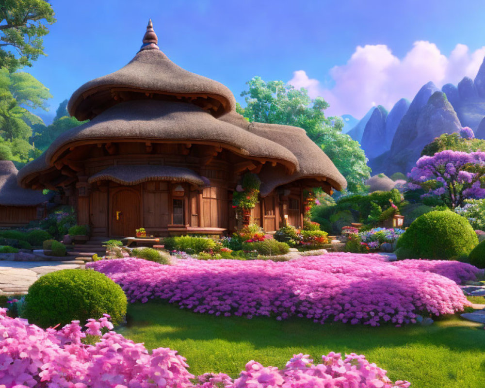 Thatched-Roof Cottage Surrounded by Pink Flowers and Mountains