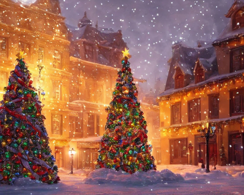 Ornate Christmas trees with lights and decorations on snowy old-fashioned street