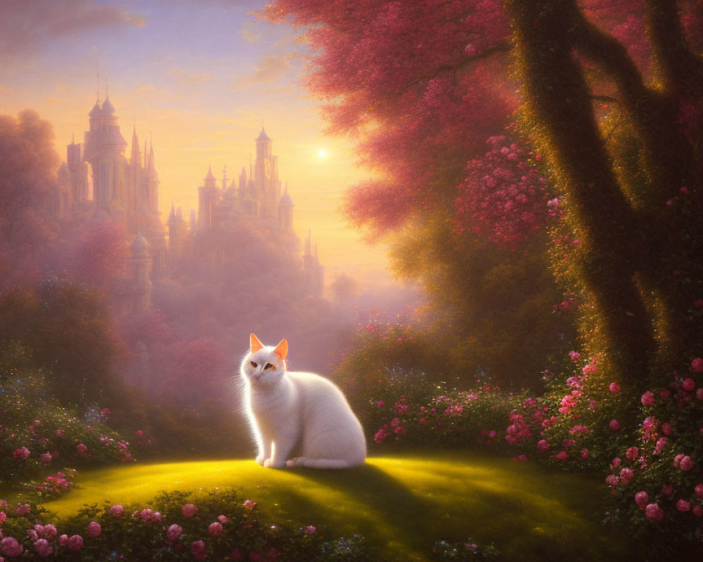 White cat in sunlit clearing with pink trees and fairytale castle at sunrise