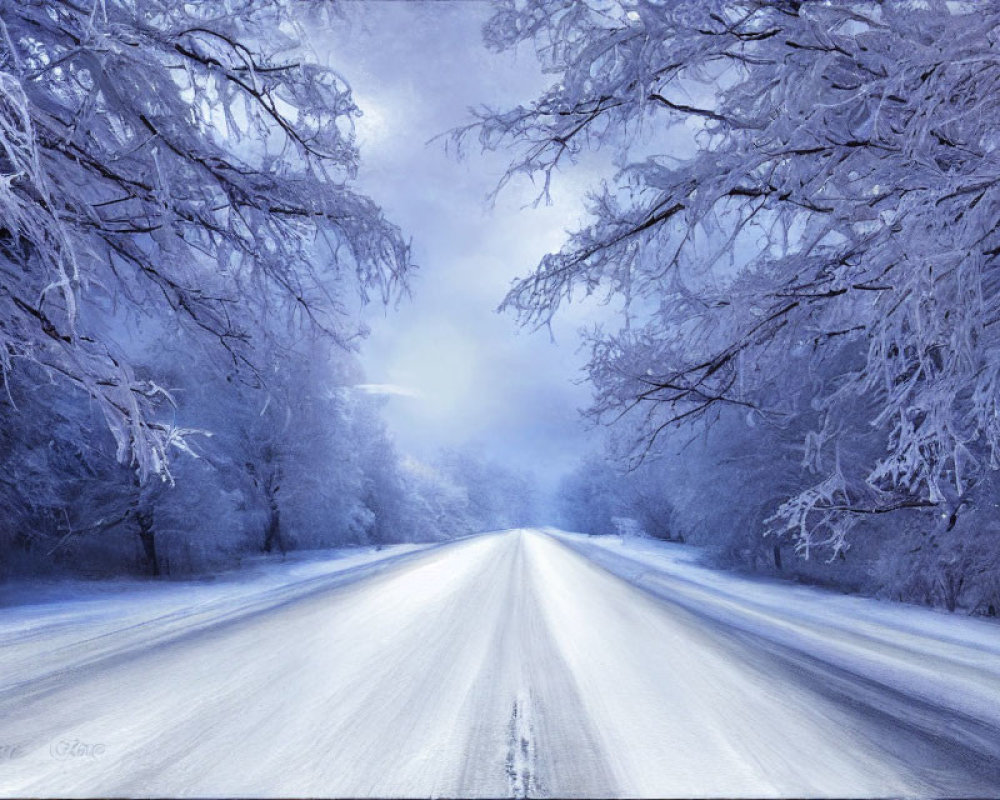 Snowy Road Flanked by Frost-Covered Trees under Wintry Sky