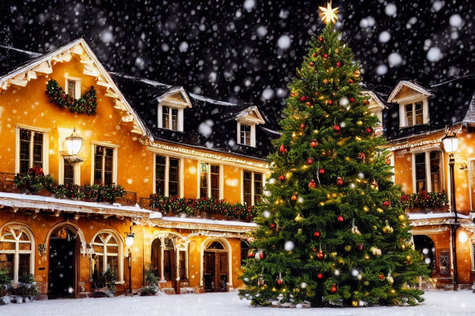 Festive Christmas tree and illuminated house in snowfall