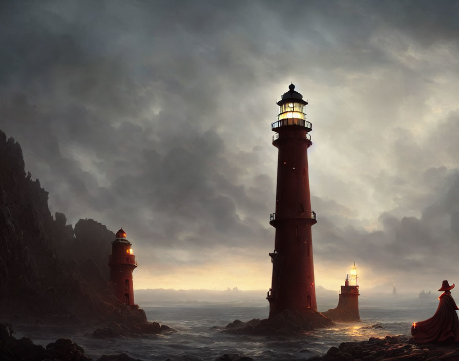 Tranquil dusk seascape with towering lighthouse, cloaked figure, and rough seas