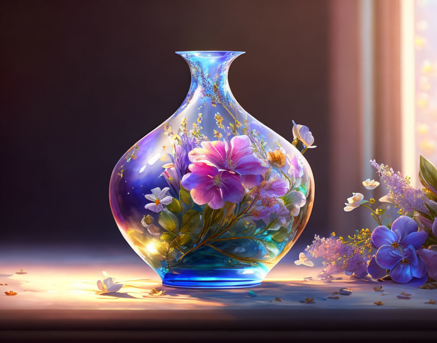 Translucent vase with floral designs in sunlight by window