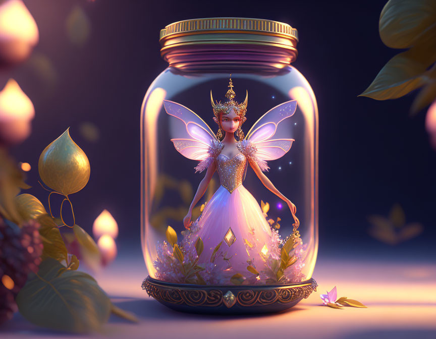 Translucent-winged fairy queen in glass jar with golden foliage