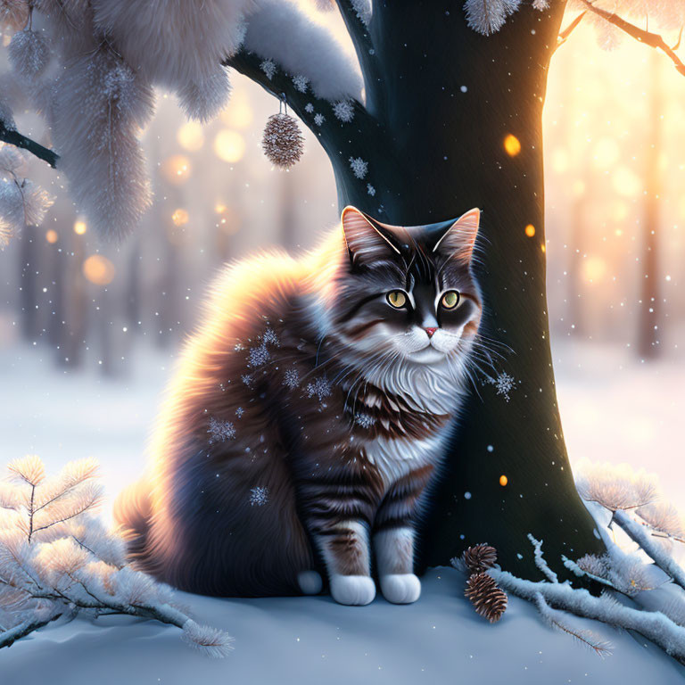 Tabby cat under snow-laden tree in peaceful winter scene