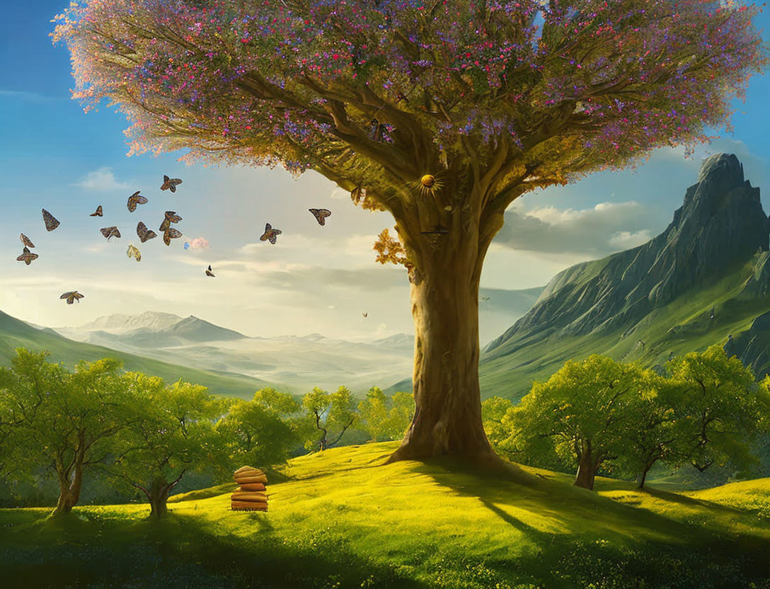 Majestic blooming tree in vibrant landscape with butterflies and mountain backdrop