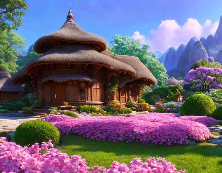 Thatched-Roof Cottage Surrounded by Pink Flowers and Mountains