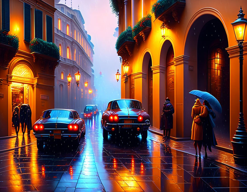 Vintage cars and illuminated buildings in rainy evening street scene