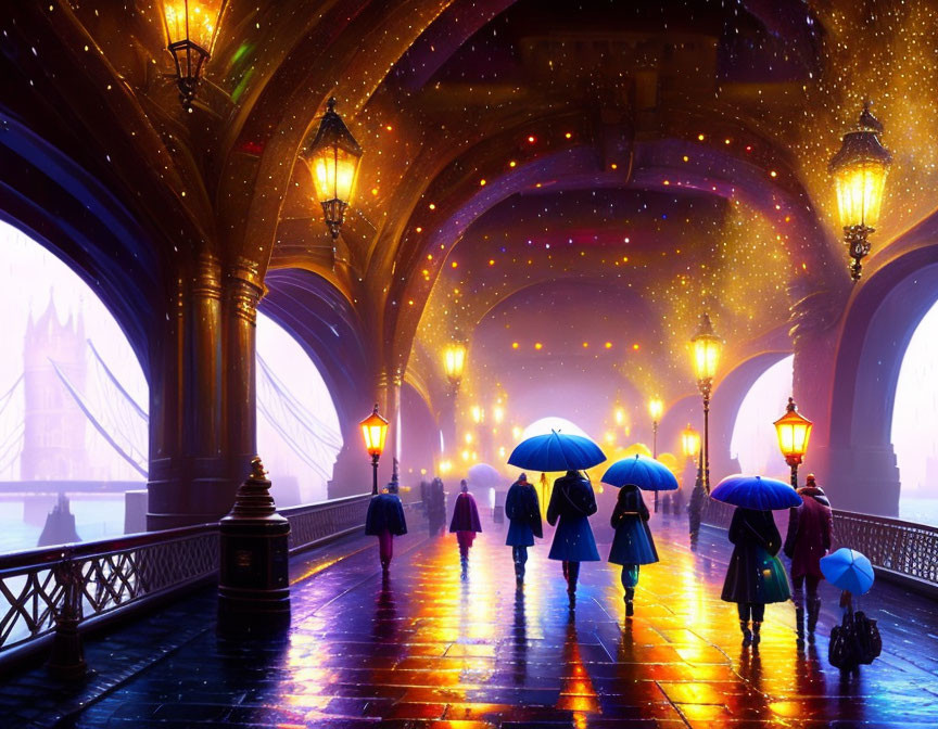 Rainy evening scene: People with umbrellas under lamplit bridge, colorful reflections on wet pavement