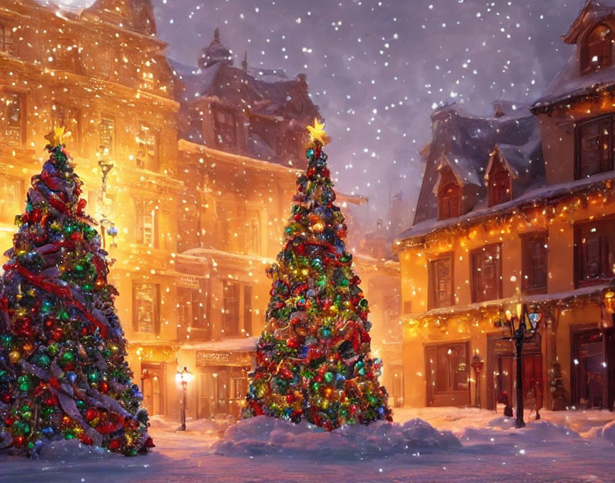 Ornate Christmas trees with lights and decorations on snowy old-fashioned street