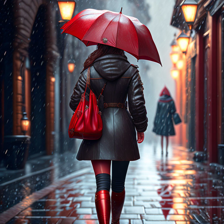 Woman with red umbrella and bag walking on snowy cobblestone street