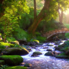 Tranquil forest landscape with sunlight, stream, moss-covered rocks, and birds