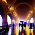 Rainy evening scene: People with umbrellas under lamplit bridge, colorful reflections on wet pavement