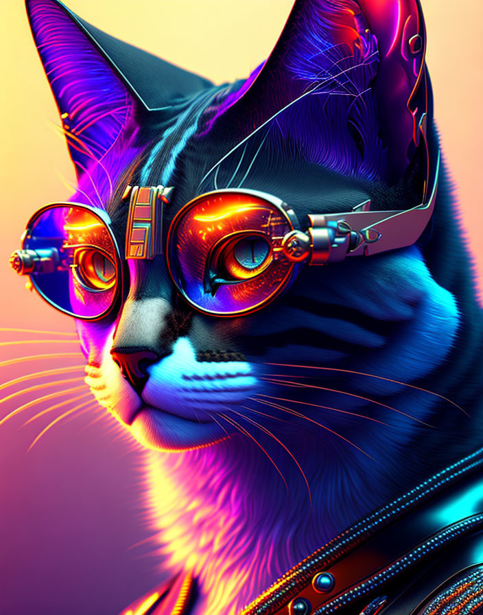 Colorful digital artwork featuring a cat in neon blue and orange shades with circular glasses and a futuristic headset