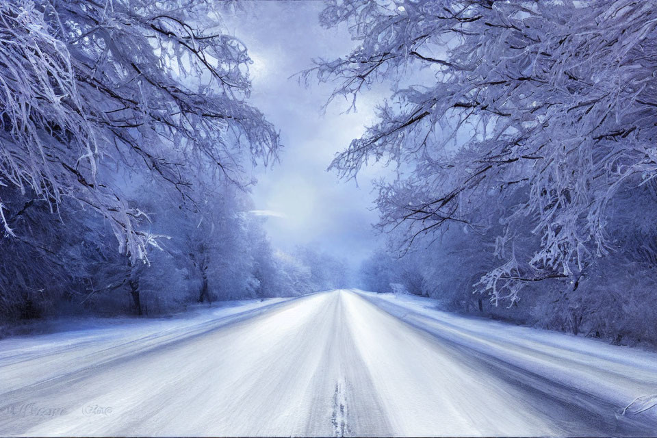 Snowy Road Flanked by Frost-Covered Trees under Wintry Sky