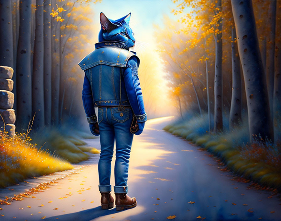 Denim-clad anthropomorphic cat strolling in forest with sunlight filtering through trees