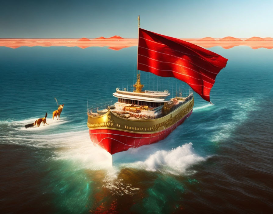 Red ship with flag sails on calm sea, camels on water under sandy cloud formations.