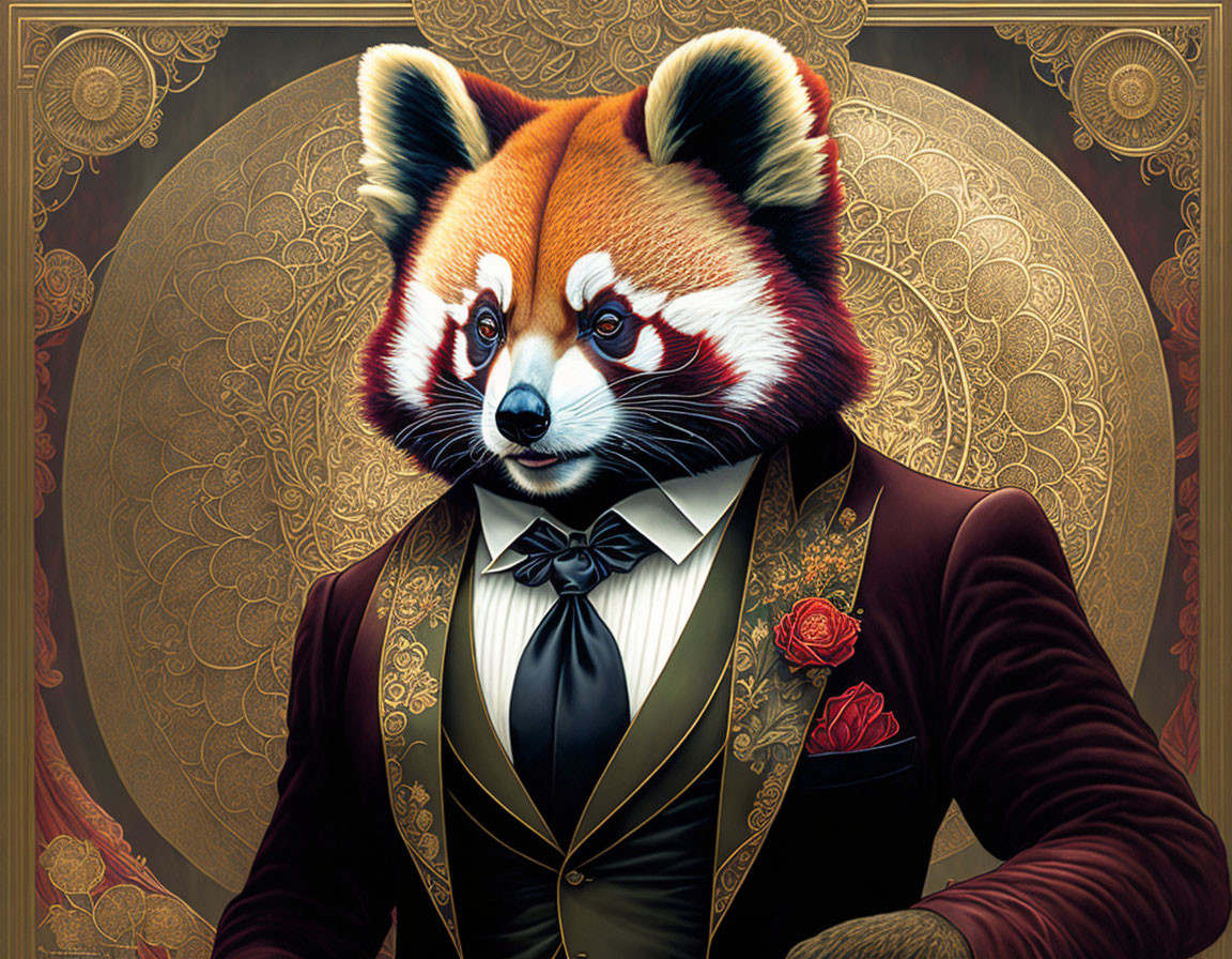 Anthropomorphic red panda in elegant suit with bowtie and rose on golden patterned background