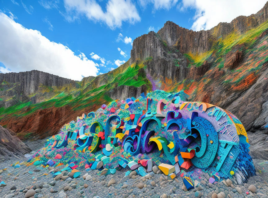 Colorful 3D graffiti art on beach with cliffs and blue sky