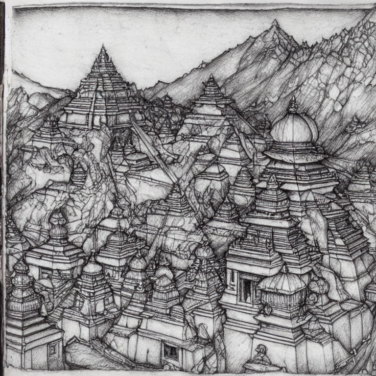 Detailed Pencil Sketch: Ancient Temple Complex in Mountainous Landscape