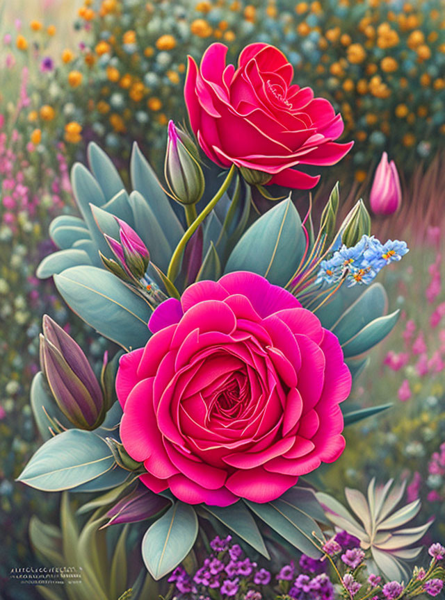 Colorful Floral Painting with Red Roses and Wildflowers