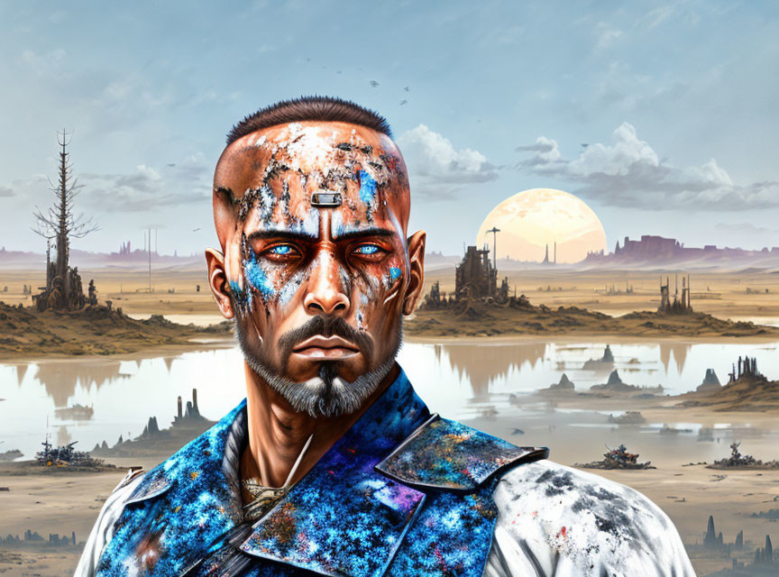 Blue-eyed male cyborg in jacket against sci-fi landscape with moon and ruins