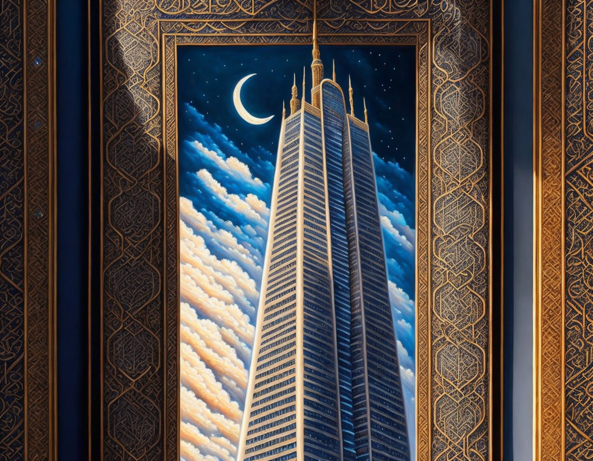 Skyscraper against night sky with clouds and crescent moon framed by ornate arabesque arch