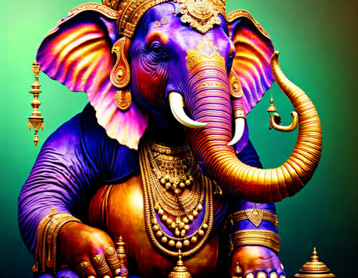 Vibrant blue and purple decorated elephant with Indian jewelry and ornaments