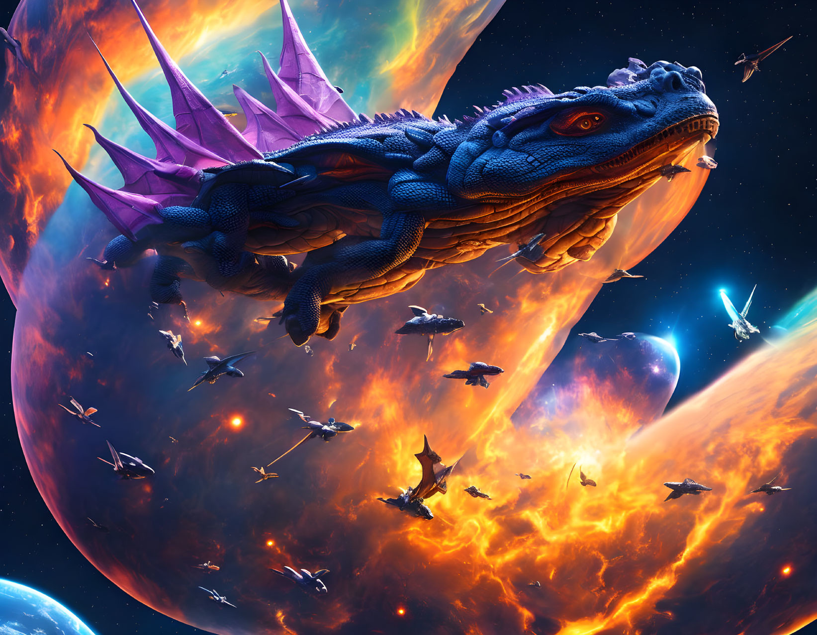 Blue dragon flying in space with fiery planet and spaceships