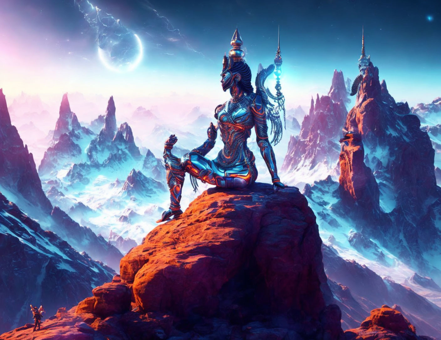 Blue-armored alien warrior with futuristic spear on rocky outcrop amidst alien landscape