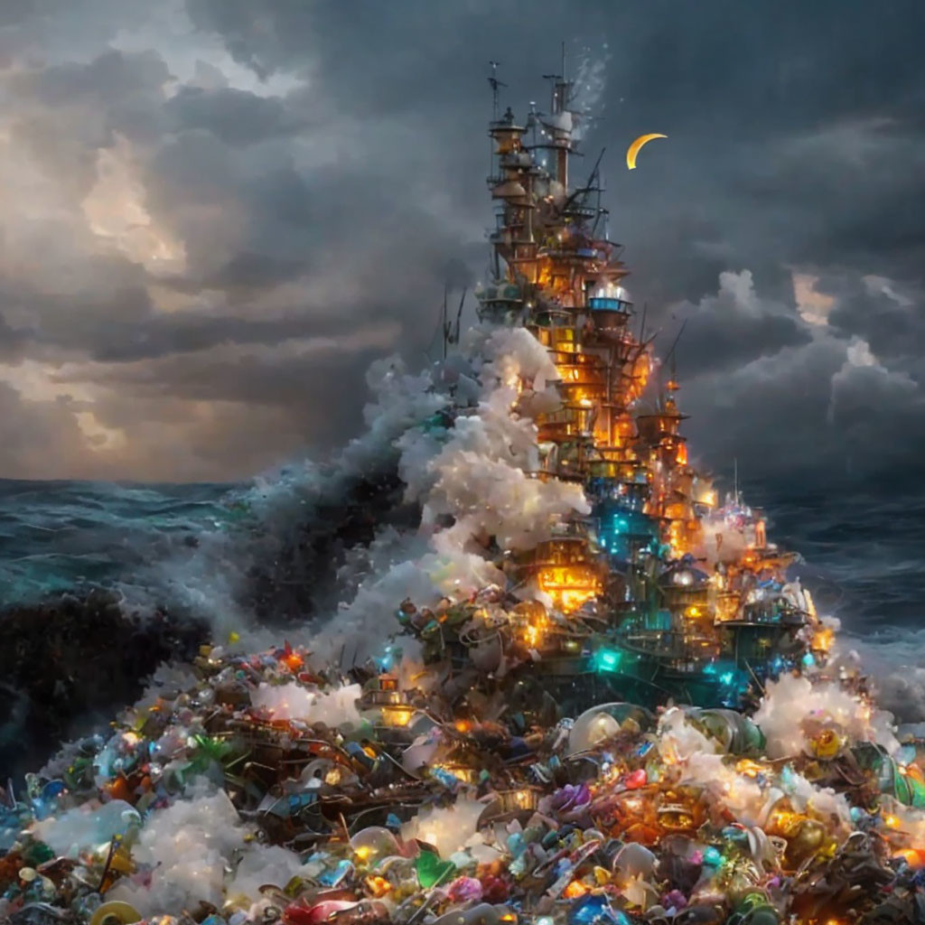 Stormy sky over trash ship sailing turbulent waves