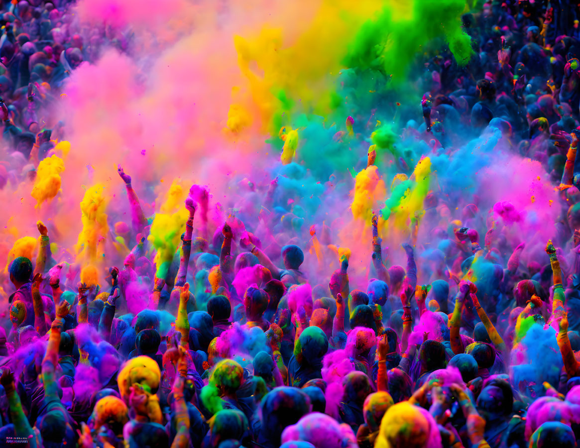 Colorful Holi celebration with vibrant crowd and powders