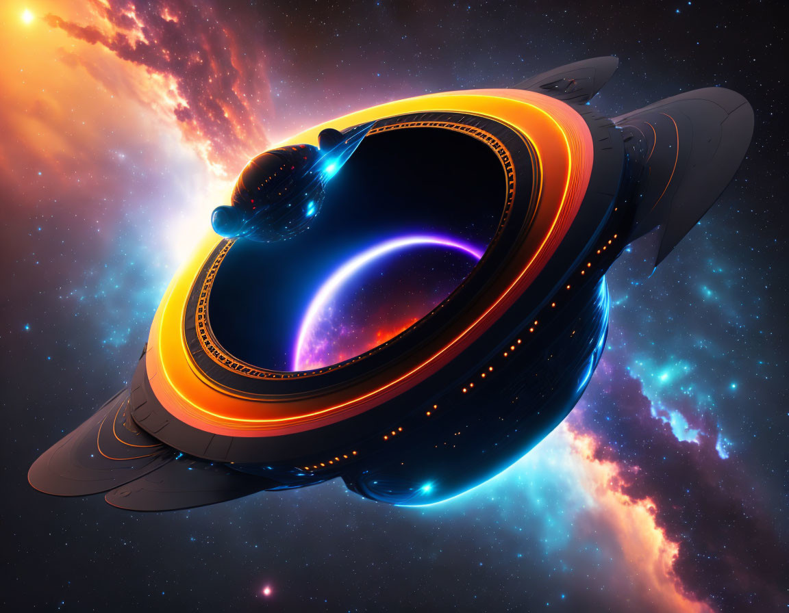 Futuristic spaceship with glowing orange and blue accents in space