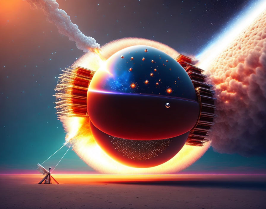 Surreal futuristic artwork: planet halves split, rocket launch in space